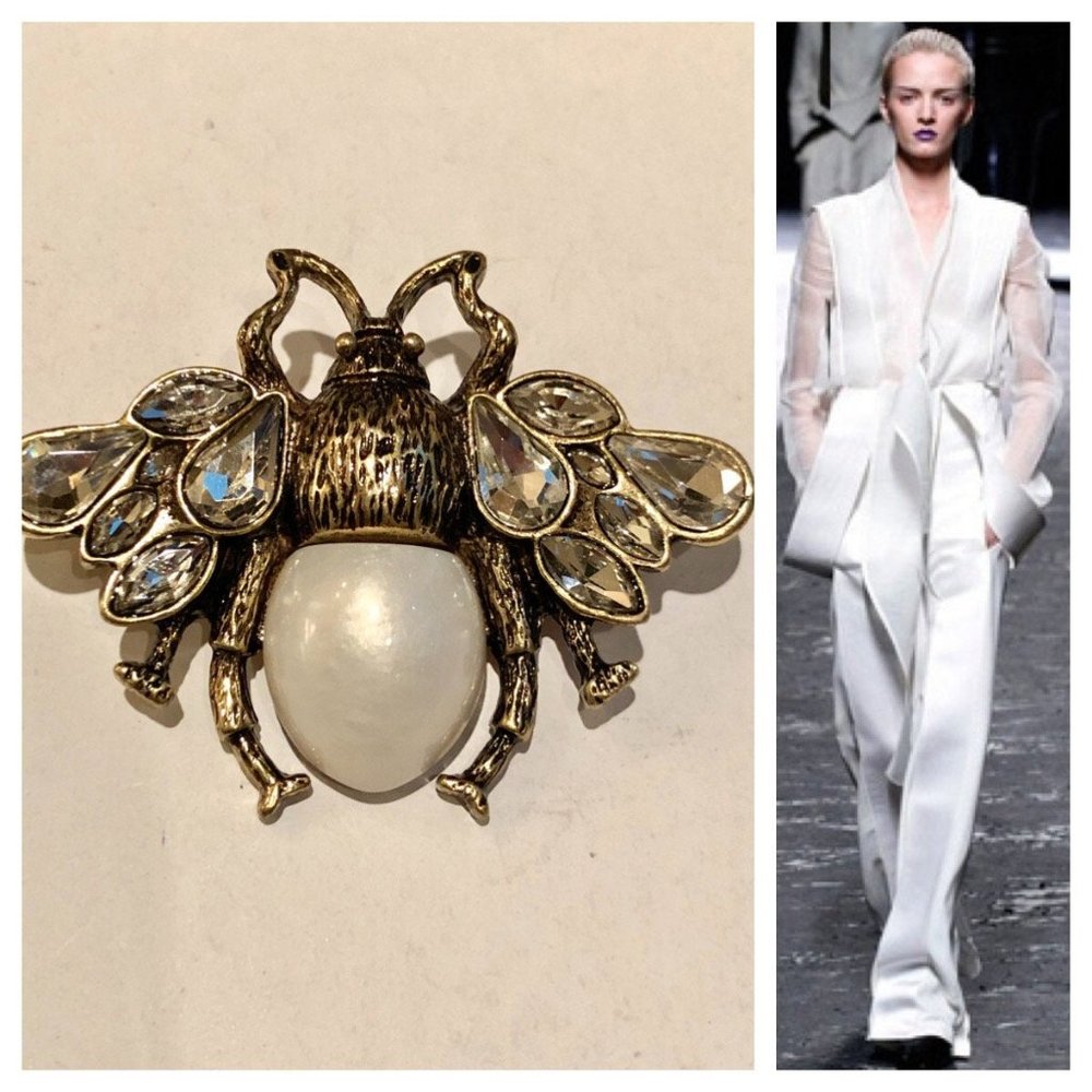 Gold-Tone Bee Brooch with White Pearl and Clear Crystal Wings